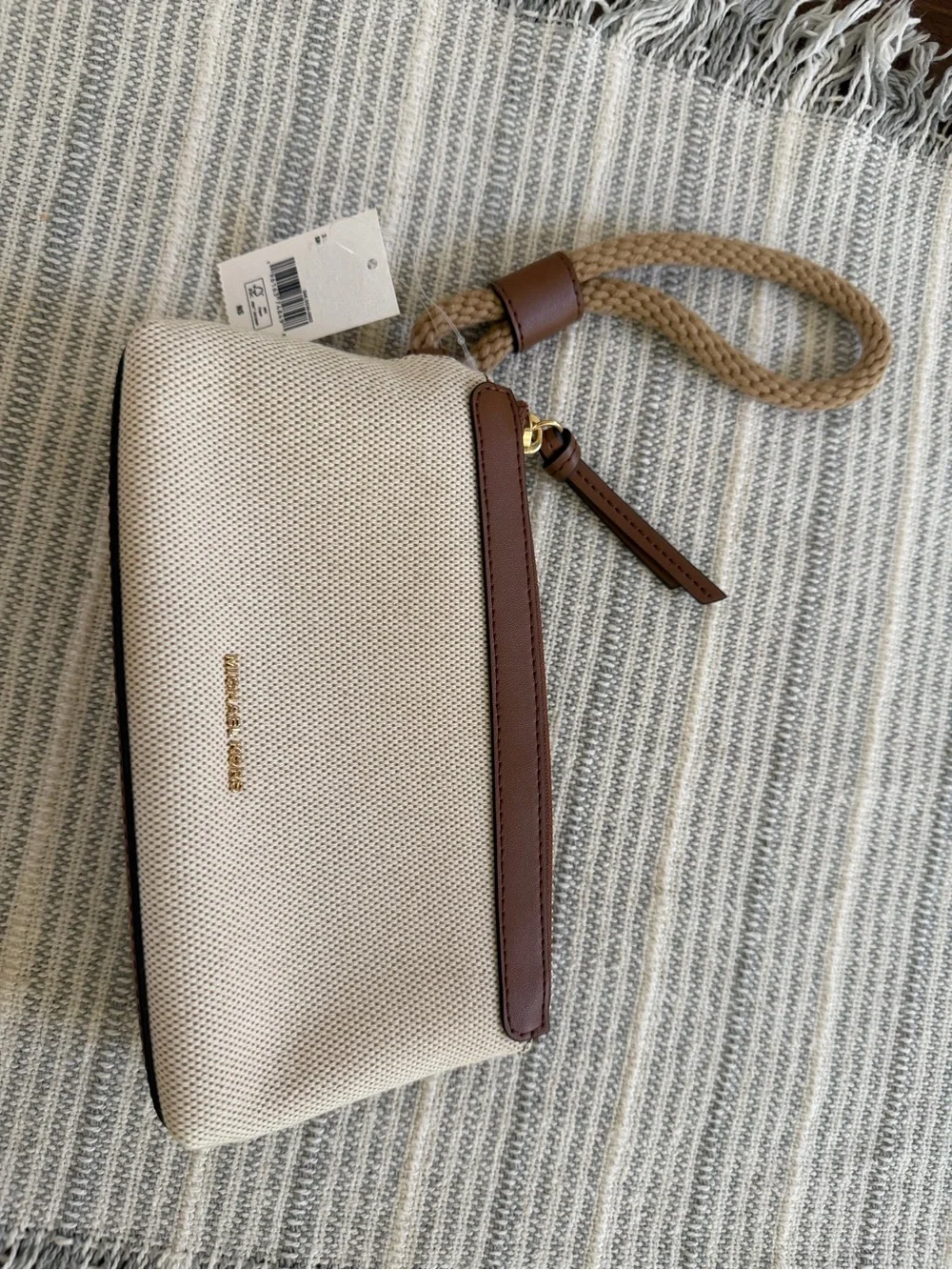 Michael Kors Cream Canvas Wristlet with Brown Trim